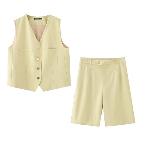 Women Elegant Two Piece Set V Neck Button Vest And High Waist Shorts Casual Solid Color Suit Summer Outfit