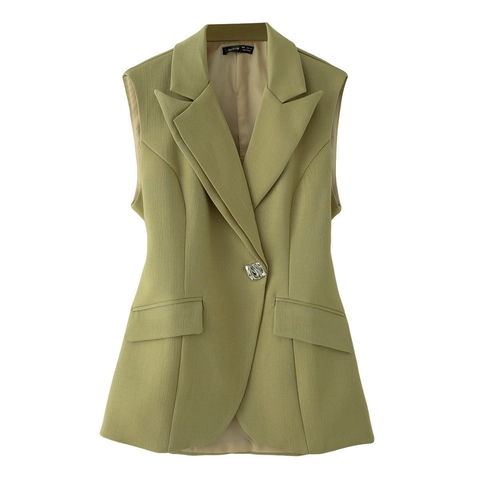 Dames Elegant Olijfgroen Pak Vest Rugloos Onregelmatig Uitgesneden Gilet Met Enkele Knoop Revers Slim Fit Chic Top
