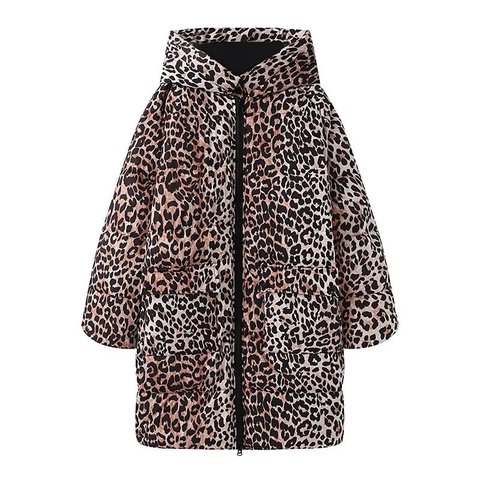 Women Casual Leopard Print Hooded Padded Coat Mid-Length Quilting Warm Puffer Jacket Long Sleeve Outerwear with Pockets