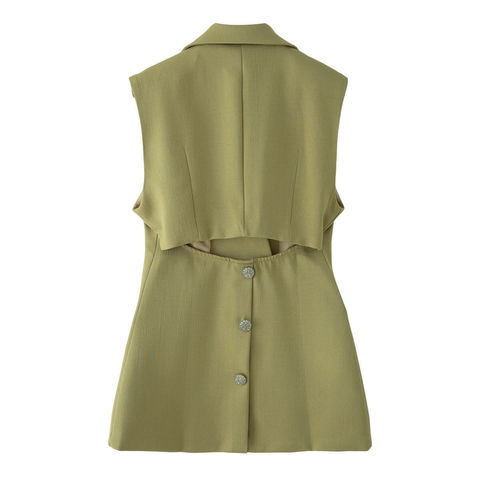 Dames Elegant Olijfgroen Pak Vest Rugloos Onregelmatig Uitgesneden Gilet Met Enkele Knoop Revers Slim Fit Chic Top