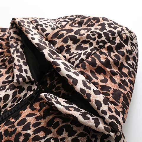 Women Casual Leopard Print Hooded Padded Coat Mid-Length Quilting Warm Puffer Jacket Long Sleeve Outerwear with Pockets