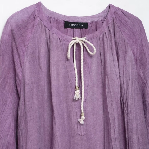 Vestido Midi Morado Efecto Lino Arrugado Para Mujer Manga Larga De Linterna Ajuste Suelto Cordón Cuello En V Vestido Túnica Casual