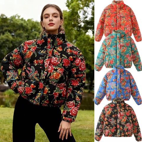 Veste Matelassée Vintage pour Femme à Imprimé Floral Col Montant Zippée Chaude Rembourrée de Coton Manteau Court Streetwear