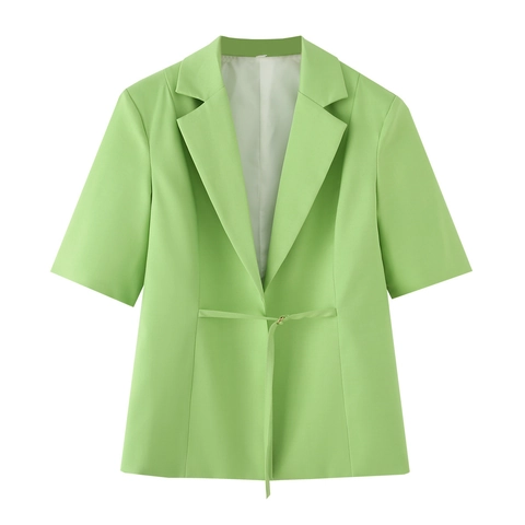 Damen Casual Kurzarm Blazer Jacke Reverskragen Mit Taillengürtel Einfarbig Büro Dame Schlanke Passform Anzug Top