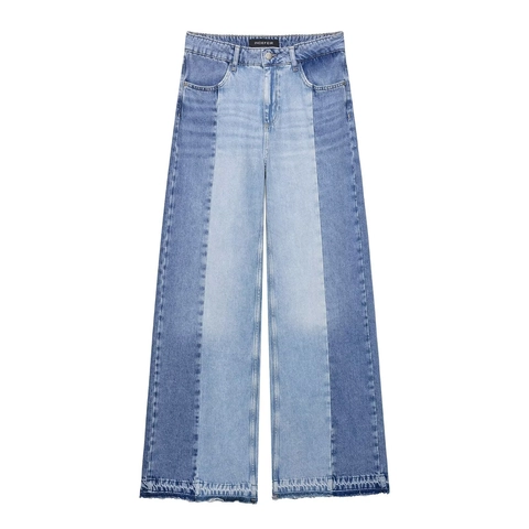 Damen High Waist Patchwork Jeans Weites Bein Vintage Blau Color Block Gerade Denim Hose Mit Offener Saum Lässige Hosen