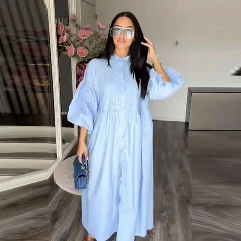 Elegant Women Solid Color Long Sleeve Maxi Dress Puff Lantern Sleeve Button Down Stand Collar Smocked Shirt Dress