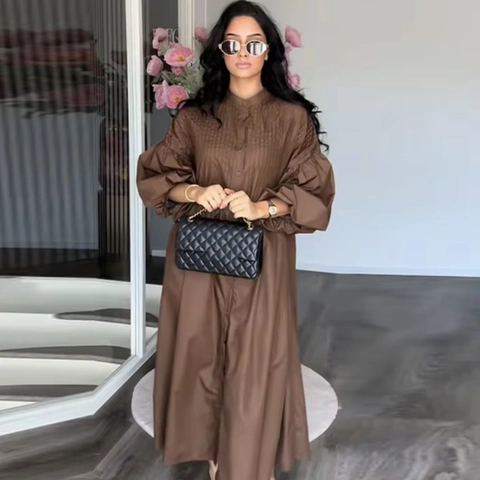 Elegant Women Solid Color Long Sleeve Maxi Dress Puff Lantern Sleeve Button Down Stand Collar Smocked Shirt Dress