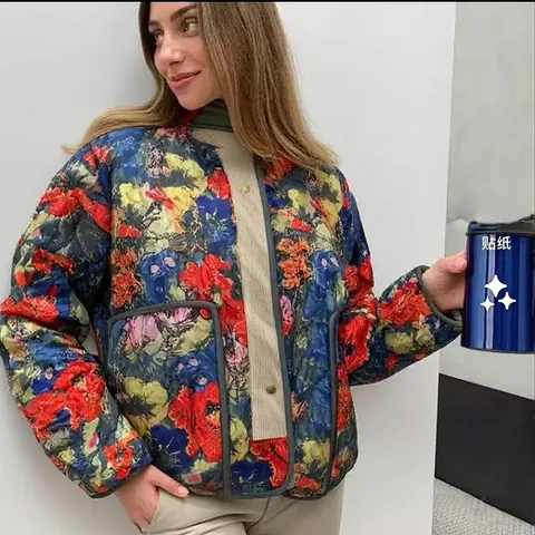 Women Vintage Floral Quilted Jacket Stand Collar Single Breasted Long Sleeve Casual Outerwear Cotton Padded Warm Coat