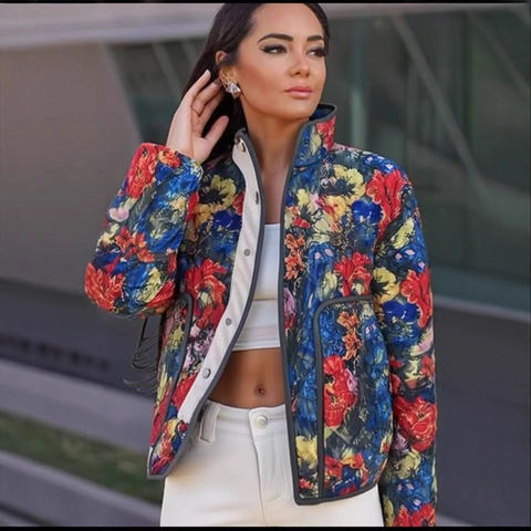 Women Vintage Floral Quilted Jacket Stand Collar Single Breasted Long Sleeve Casual Outerwear Cotton Padded Warm Coat