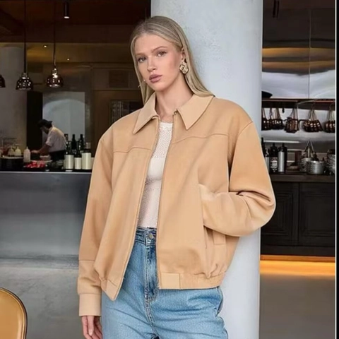 Women Faux Suede Flight Jacket Lapel Zip Up Short Coat With Pockets Elastic Hem Solid Color Casual Outwear For Ladies