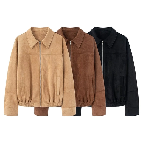 Women Faux Suede Flight Jacket Lapel Zip Up Short Coat With Pockets Elastic Hem Solid Color Casual Outwear For Ladies