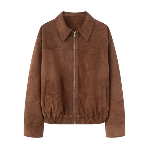 Women Suede Bomber Jacket Faux Leather Zip Up Turn Down Collar Casual Retro Short Outerwear Fall Winter Fashion Coat
