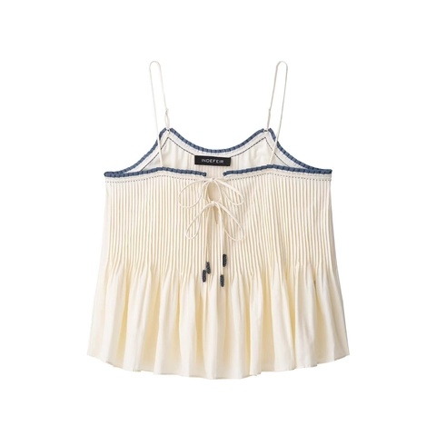 Camisole Plissée pour Femmes Mélange de Polyester Volants Dos Nu Cordon de Serrage Bordure Contrastée Haut d'Été Ample