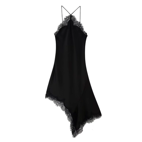 Dames Elegante Satijnen Jurk met Kant Fines Bretelles Sexy V-hals Asymmetrische Zoom Midi-jurk Voor Feest