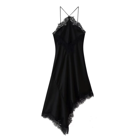 Dames Elegante Satijnen Jurk met Kant Fines Bretelles Sexy V-hals Asymmetrische Zoom Midi-jurk Voor Feest