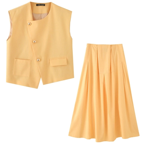 Women Elegant Asymmetric Metal Button Vest And Pleated Maxi Skirt Two Piece Set Solid Color Casual Outfits Office Lady