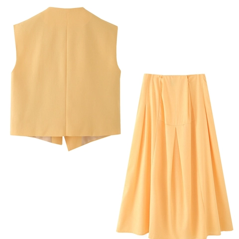 Women Elegant Asymmetric Metal Button Vest And Pleated Maxi Skirt Two Piece Set Solid Color Casual Outfits Office Lady