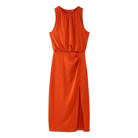 Damen Elegant Ärmellos Midi Kleid Rundhals Falten Taille Seitenschlitz Einfarbig 100% Polyester Sommer Mode Kleid
