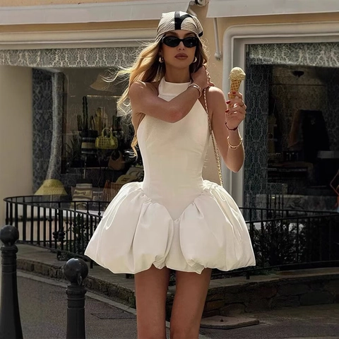 Abito a Palloncino da Donna Scollo all'Americana Raso Schiena Scoperta Fiocco Elegante Festa Vacanza
