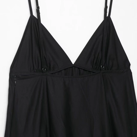 Elegante Zwarte Midi-Jurk met Laagjes voor Dames Spaghettibandjes V-hals Geplooid Katoenmix Zomer A-lijn Feestjurk