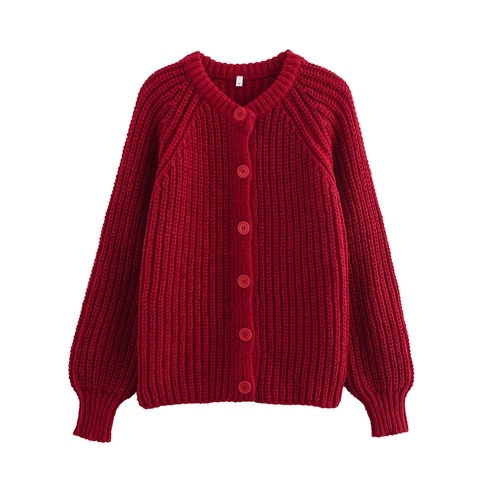 Women Round Neck Chunky Knit Cardigan Long Sleeve Solid Color Ribbed Button Up Streetwear Sweater Outerwear For Autumn Winter