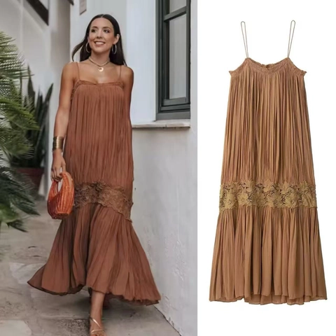 Elegante Abito Maxi a Canotta Plissettato Marrone per Donna Patchwork in Pizzo Spalline Abito Lungo Boho Vacanza Mare Estate