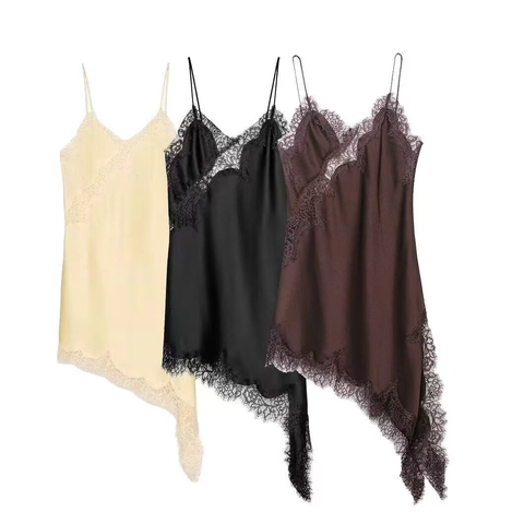 Abito Sottoveste in Raso da Donna Orlo Asimmetrico con Bordo in Pizzo Scollo a V Senza Maniche Spalline Sottili Midi Camicia da Notte per Festa Elegante Sexy