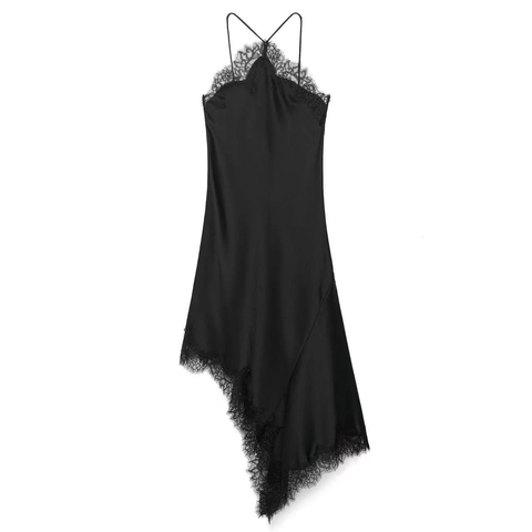 Abito Elegante Donna in Satin Nero Sexy con Finiture in Pizzo Spalline Incrociate Senza Maniche Orlo Asimmetrico Midi per Feste