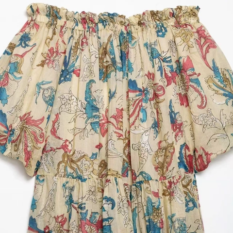 Vintage Floral Print Off The Shoulder Dress For Women Bohemian Lantern Sleeve Midi Dress Retro Holiday Elegant Dress