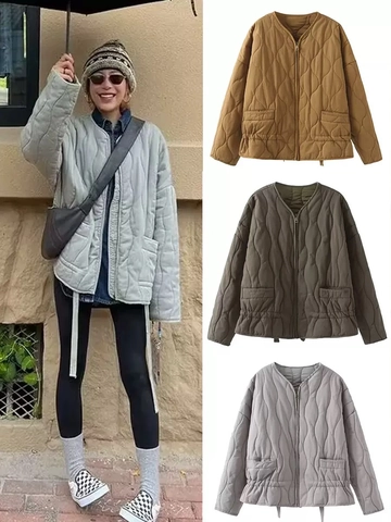 Damen Casual Wellen Gesteppte Jacke Leichte Reißverschluss Wattierte Mantel Mit Taschen Lockere Passform Langarm Oberbekleidung Für Winter