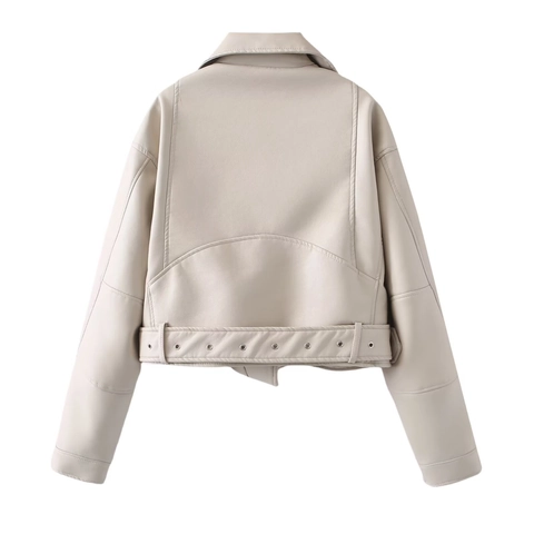 Women's Cropped Faux Leather Biker Jacket Belted Lapel Collar PU Moto Coat Metallic Silver Off White Short Outerwear
