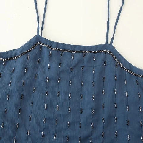 Canotta da Donna Elegante con Perline e Spalline Sottili Blu Chiffon Senza Schienale per Estate Sexy Party Outfit