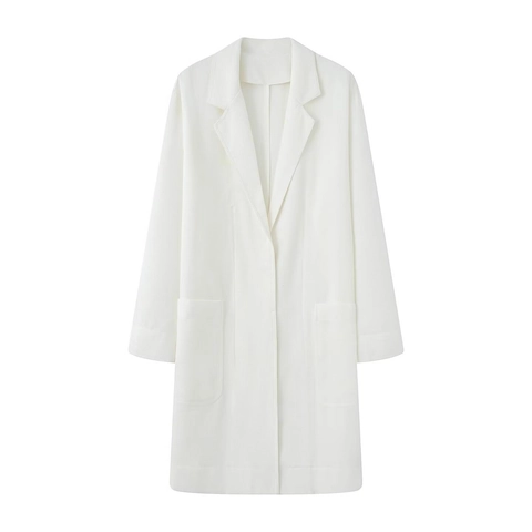Women Elegant Waffle Texture Trench Coat Lapel Mid Length Loose Jacket With Pockets Solid White Casual Long Sleeve Outerwear Top