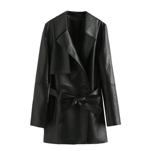 Women's Casual Black Faux Leather Mid-length Trench Coat With Belt Loose Fit Long Sleeve PU Jacket For Autumn Winter
