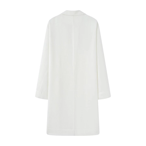 Women Elegant Waffle Texture Trench Coat Lapel Mid Length Loose Jacket With Pockets Solid White Casual Long Sleeve Outerwear Top