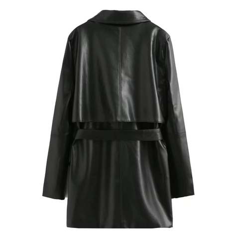 Women's Casual Black Faux Leather Mid-length Trench Coat With Belt Loose Fit Long Sleeve PU Jacket For Autumn Winter