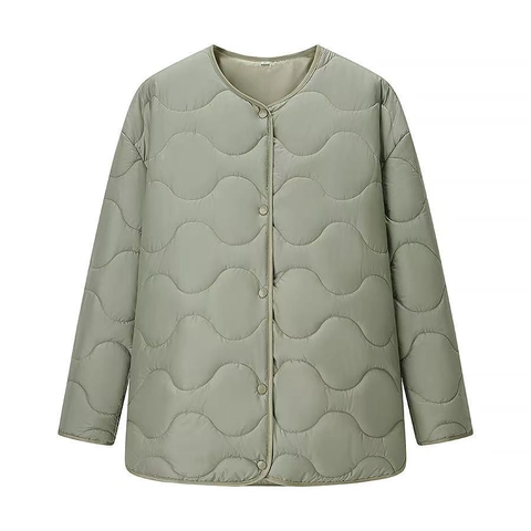 Women Casual Light Green Quilted Jacket With Button Closure Sage Green Lightweight Round Neck Loose Fit Long Sleeve Padded Coat