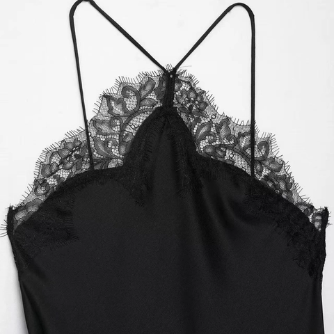 Abito Elegante Donna in Satin Nero Sexy con Finiture in Pizzo Spalline Incrociate Senza Maniche Orlo Asimmetrico Midi per Feste