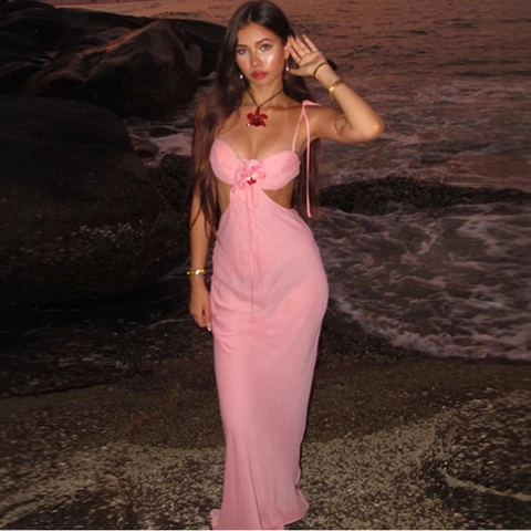 Damen Elegant Rosa Maxi Kleid Mit Ausschnitten 3D Blumenverzierung Spaghettiträger Chiffon Sommer Strand Urlaub Party Langes Kleid