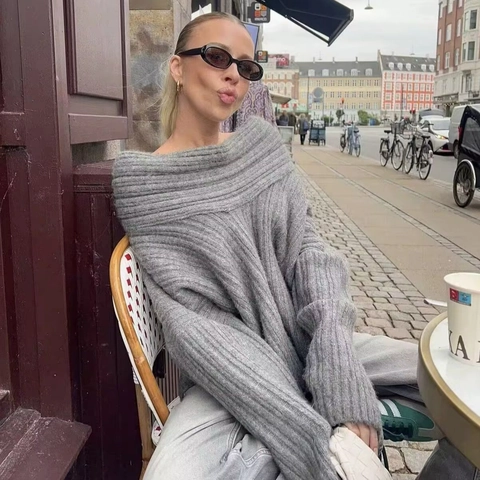 Γυναικείο Casual Oversized Πουλόβερ με Έξω τους Ώμους Ριμπ Πλέξη Μακρύ Μανίκι Lazy Style Χοντρό Πλεκτό Μονόχρωμο Polyester Top