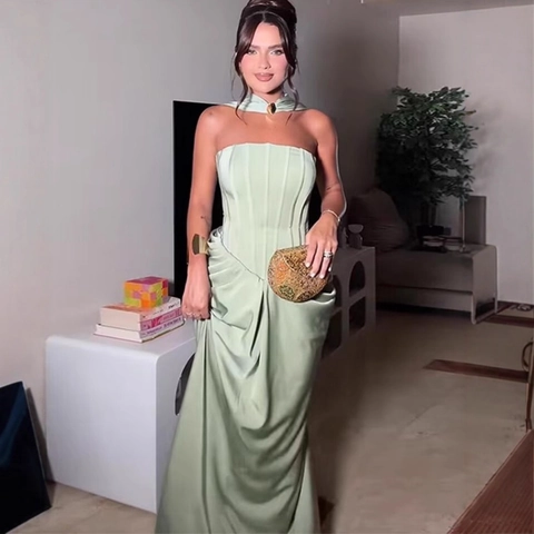 Women Elegant Sage Green Satin Corset Maxi Dress Strapless Ruched Bodycon Evening Party Long Dress With Neck Strap