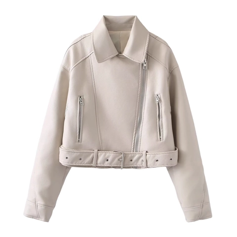 Chaqueta Moto de Cuero PU Elegante para Mujer Abrigo Biker Corto de Cuero Sintético Con Cinturón Ajustable Cuello de Solapa Ropa de Calle