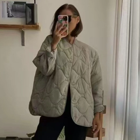 Women Casual Light Green Quilted Jacket With Button Closure Sage Green Lightweight Round Neck Loose Fit Long Sleeve Padded Coat