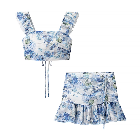 French Style Floral Print Top And Bottom Set Square Neck Ruffle Crop Top Ruched Mini Skirt Women Summer Casual Outfits