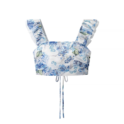 French Style Floral Print Top And Bottom Set Square Neck Ruffle Crop Top Ruched Mini Skirt Women Summer Casual Outfits