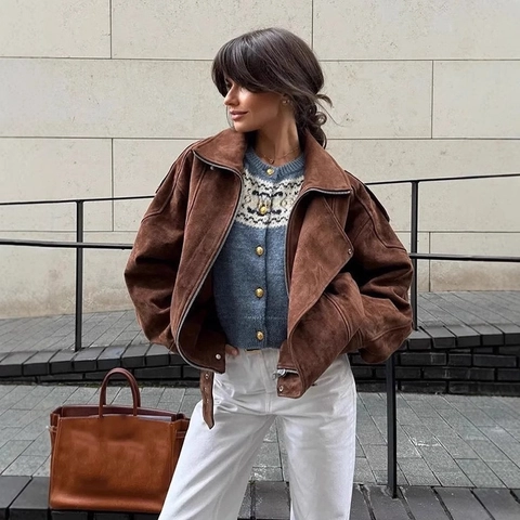 Maillard Stil Braun Wildleder Biker Jacke Für Damen Casual Oversized Oberbekleidung Mit Gürtel Reverskragen Langarm Reißverschluss Mantel