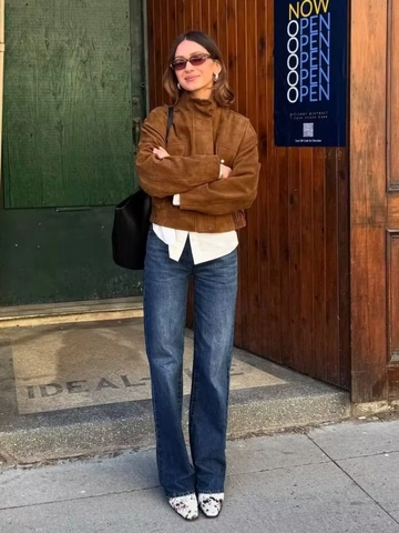 Dames Retro Suèdelook Kort Jasje Staande Kraag Klepzakken Workwear Stijl Lange Mouw Rits Effen Kleur Polyester Mantel