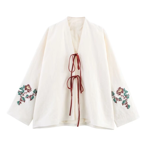 Women's Linen Blend Kimono Style Blouse Floral Embroidery Ribbon Bow Tie-Front V Neck Long Sleeve Ethnic Vintage Shirt