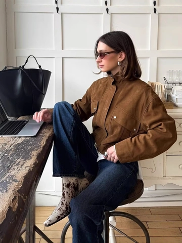 Dames Retro Suèdelook Kort Jasje Staande Kraag Klepzakken Workwear Stijl Lange Mouw Rits Effen Kleur Polyester Mantel