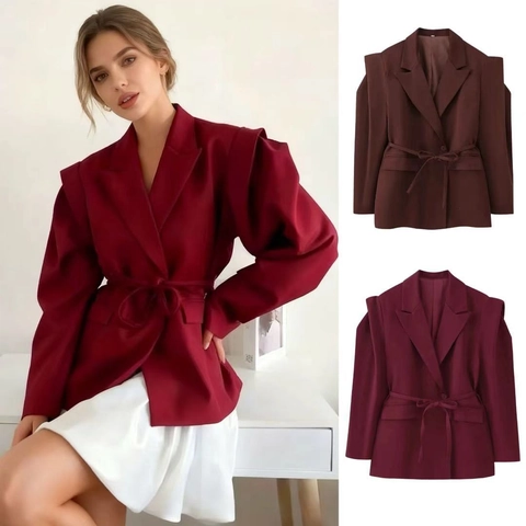 Women Elegant Tie-Waist Blazer Jacket Puff Sleeve Structured Shoulder Solid Color Floral Print Office Commute Blazer Outerwear